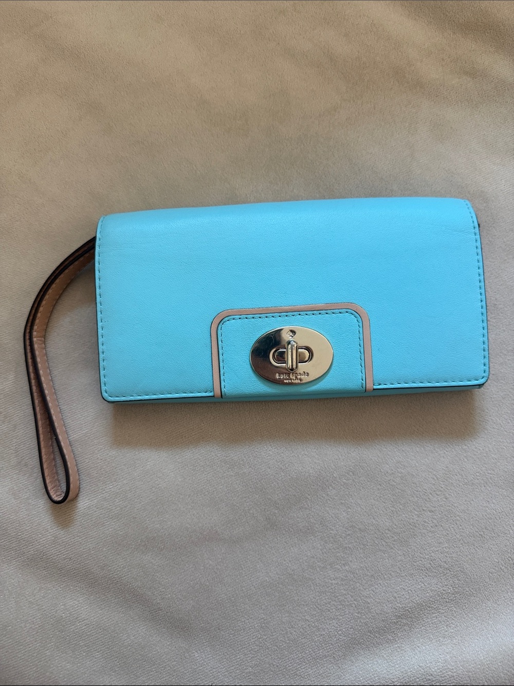 Coach Turquoise Leather Turnlock Wristlet with Brown Strap